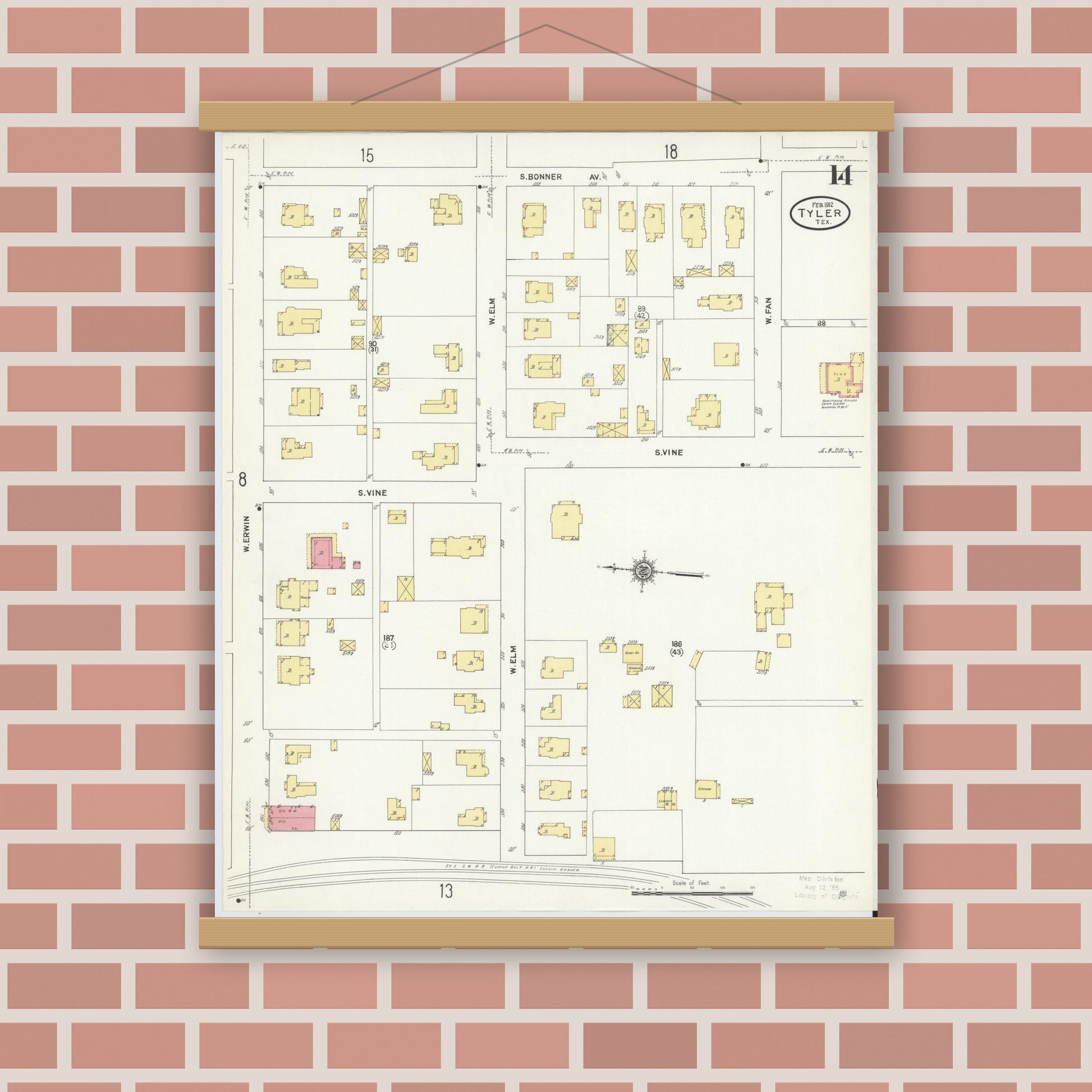 Old map wall art mockup — magnetic wood frame on brick wall — Sanborn Fire Insurance Map from Tyler, Smith County, Texas (1912), Sheet #0014