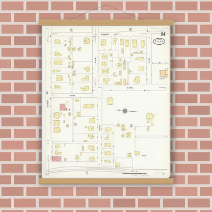 Old map wall art mockup — magnetic wood frame on brick wall — Sanborn Fire Insurance Map from Tyler, Smith County, Texas (1912), Sheet #0014