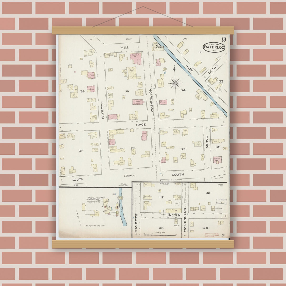 Old map wall art mockup — magnetic wood frame on brick wall — Sanborn Fire Insurance Map from Waterloo, Seneca County, New York (1886), Sheet #0009