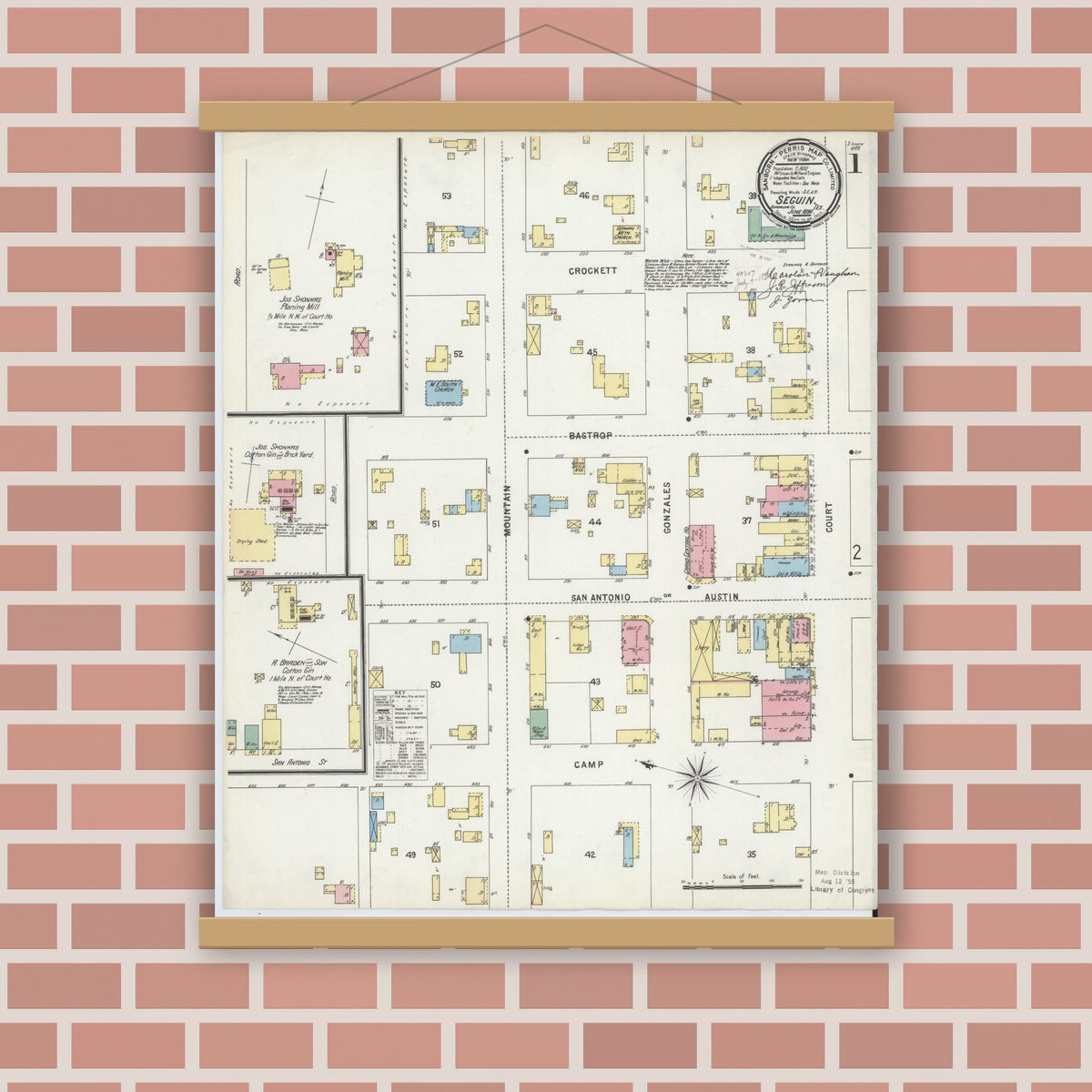 Old map wall art mockup — magnetic wood frame on brick wall — Sanborn Fire Insurance Map from Seguin, Guadalupe County, Texas (1896), Sheet #0001