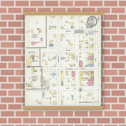 Old map wall art mockup — magnetic wood frame on brick wall — Sanborn Fire Insurance Map from Seguin, Guadalupe County, Texas (1896), Sheet #0001