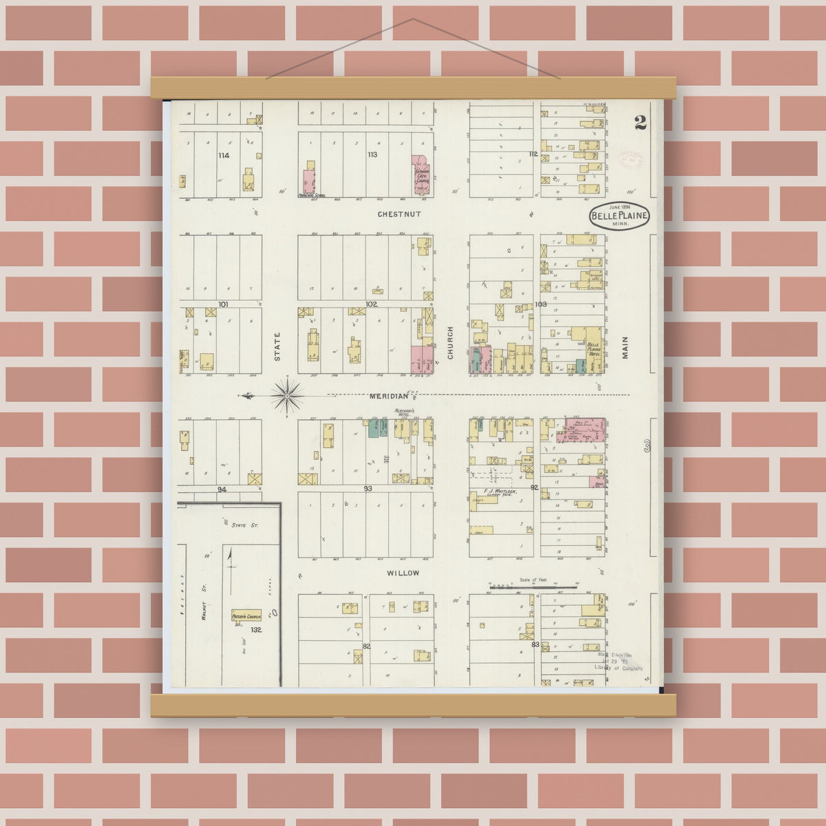Old map wall art mockup — magnetic wood frame on brick wall — Sanborn Fire Insurance Map from Belle Plaine, Scott County, Minnesota (1894), Sheet #0002