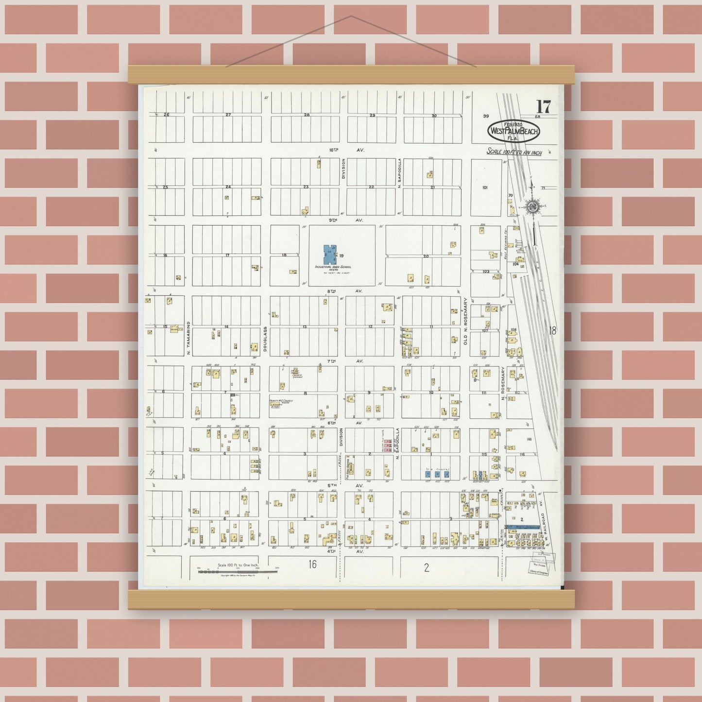Old map wall art mockup — magnetic wood frame on brick wall — Sanborn Fire Insurance Map from West Palm Beach, Dade County, Florida (1920), Sheet #0017
