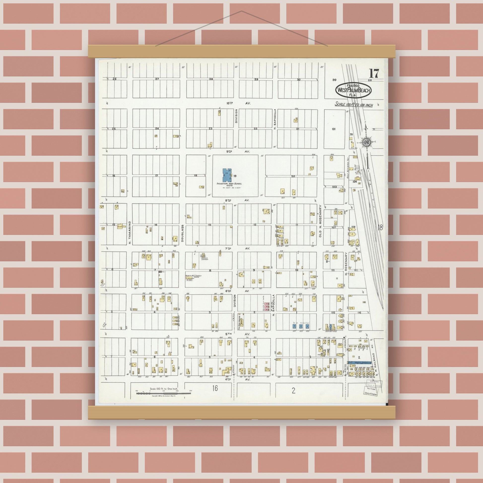 Old map wall art mockup — magnetic wood frame on brick wall — Sanborn Fire Insurance Map from West Palm Beach, Dade County, Florida (1920), Sheet #0017