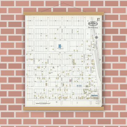 Old map wall art mockup — magnetic wood frame on brick wall — Sanborn Fire Insurance Map from West Palm Beach, Dade County, Florida (1920), Sheet #0017