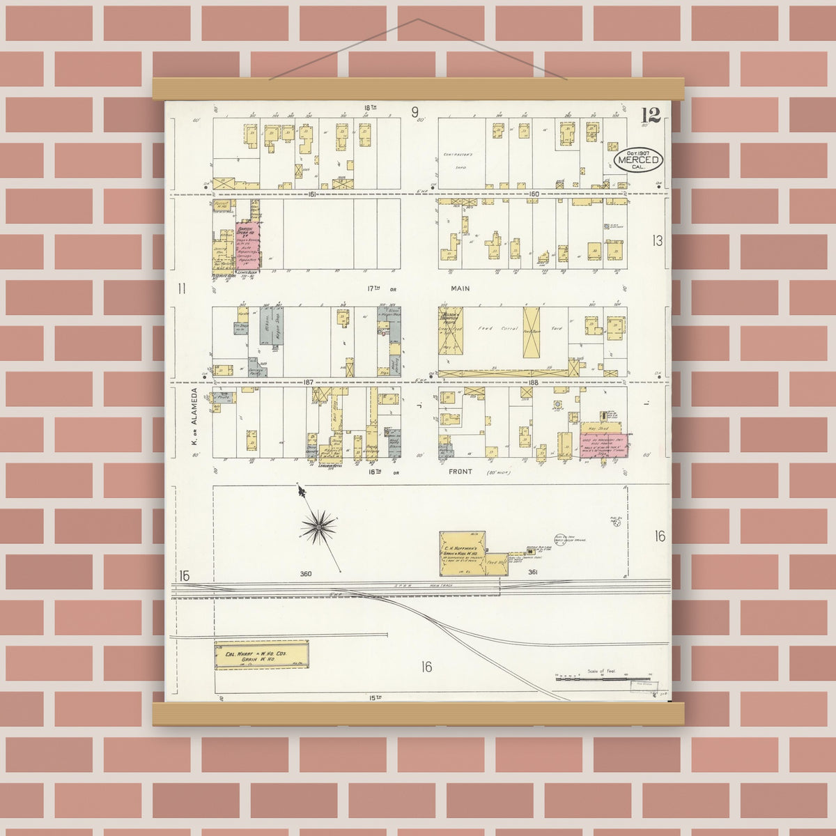 Old map wall art mockup — magnetic wood frame on brick wall — Sanborn Fire Insurance Map from Merced, Merced County, California (1907), Sheet #0012