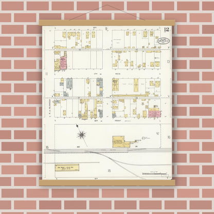 Old map wall art mockup — magnetic wood frame on brick wall — Sanborn Fire Insurance Map from Merced, Merced County, California (1907), Sheet #0012