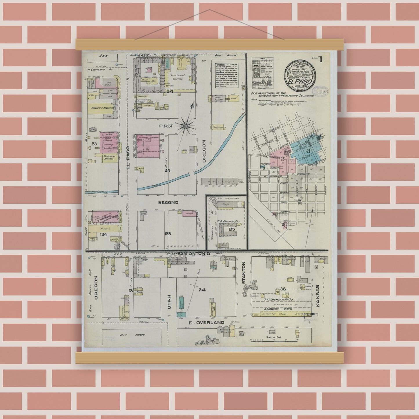 Old map wall art mockup — magnetic wood frame on brick wall — Sanborn Fire Insurance Map from El Paso, El Paso County, Texas (1883) - Complete Map Set