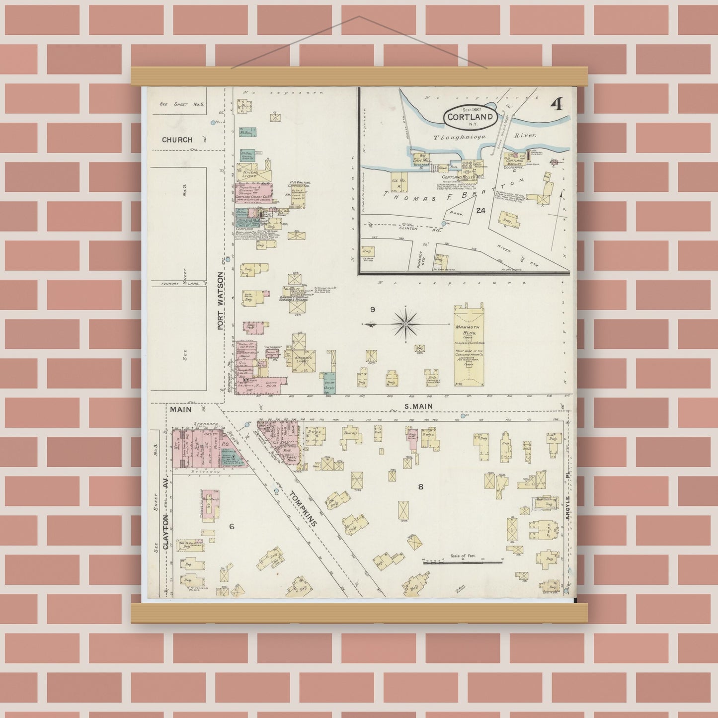 Old map wall art mockup — magnetic wood frame on brick wall — Sanborn Fire Insurance Map from Cortland, Cortland County, New York (1887), Sheet #0004