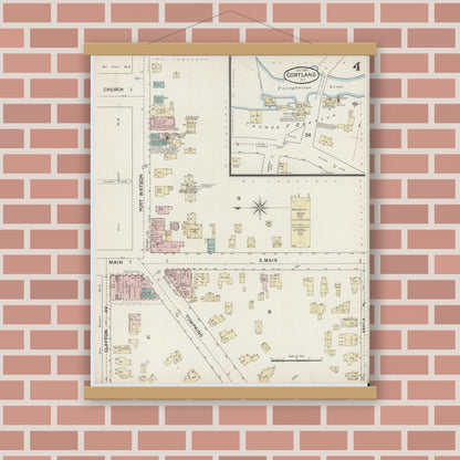 Old map wall art mockup — magnetic wood frame on brick wall — Sanborn Fire Insurance Map from Cortland, Cortland County, New York (1887), Sheet #0004