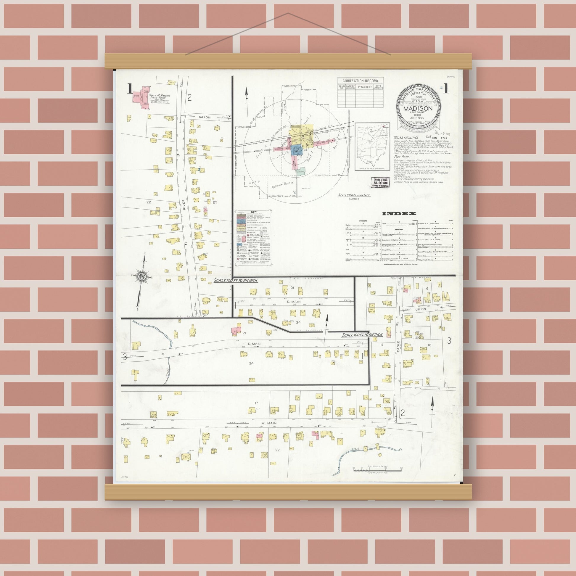 Old map wall art mockup — magnetic wood frame on brick wall — Sanborn Fire Insurance Map from Madison, Lake County, Ohio (1938), Sheet #0001