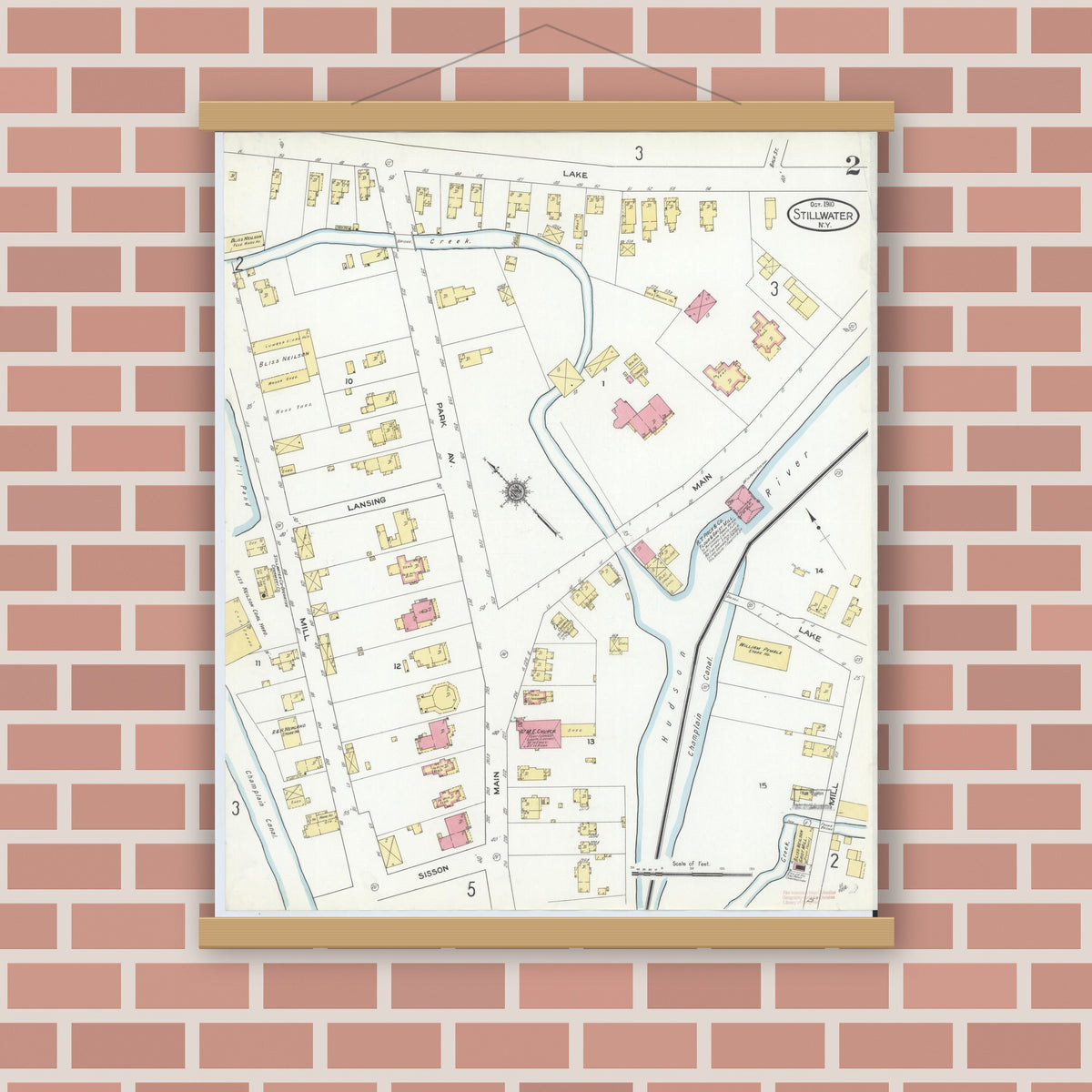 Old map wall art mockup — magnetic wood frame on brick wall — Sanborn Fire Insurance Map from Stillwater, Saratoga County, New York (1910), Sheet #0002