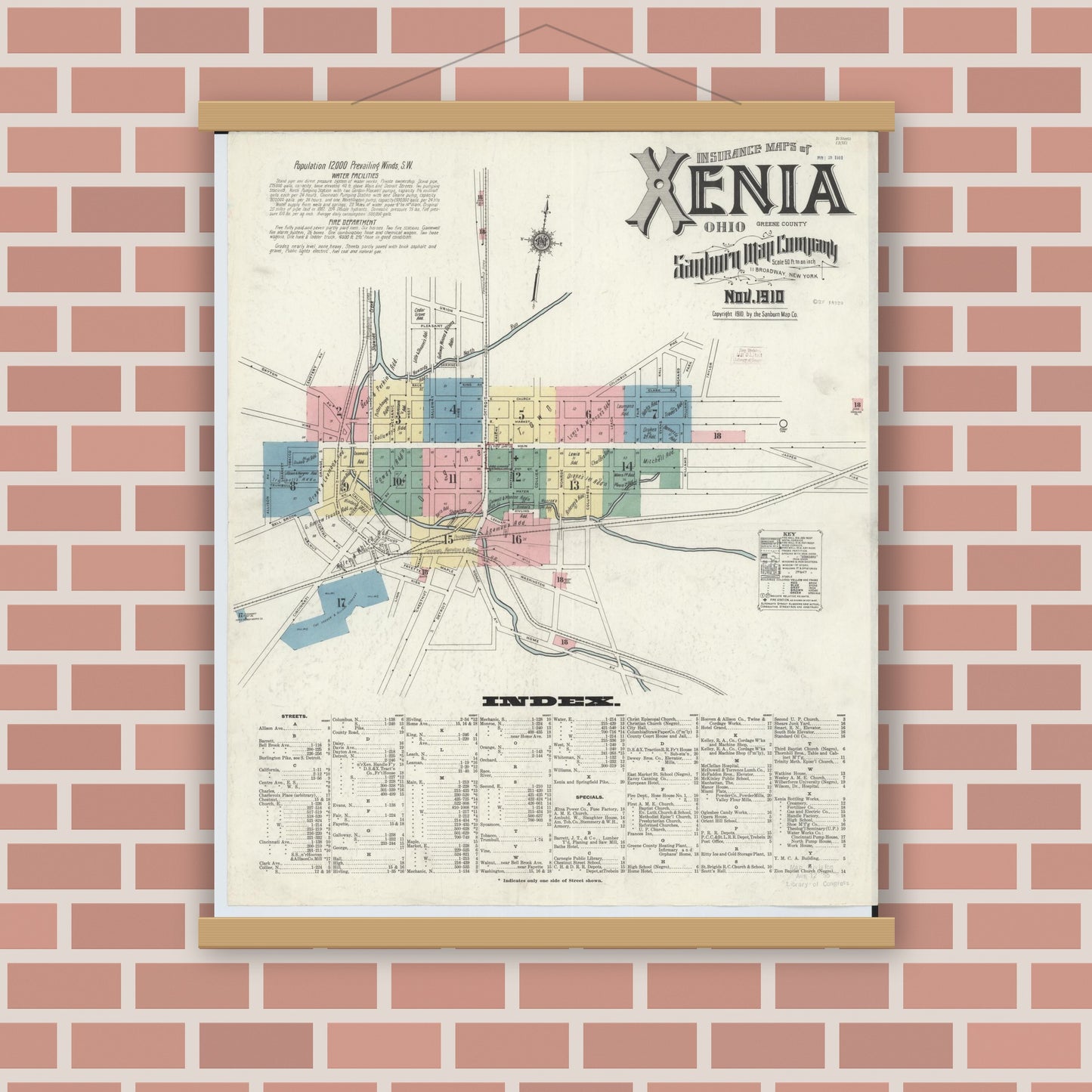 Old map wall art mockup — magnetic wood frame on brick wall — Sanborn Fire Insurance Map from Xenia, Greene County, Ohio (1910), Sheet #0001
