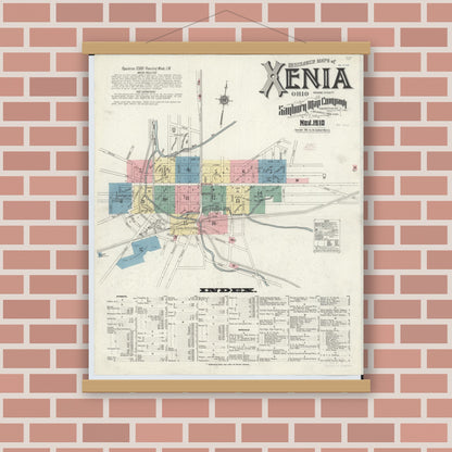 Old map wall art mockup — magnetic wood frame on brick wall — Sanborn Fire Insurance Map from Xenia, Greene County, Ohio (1910), Sheet #0001