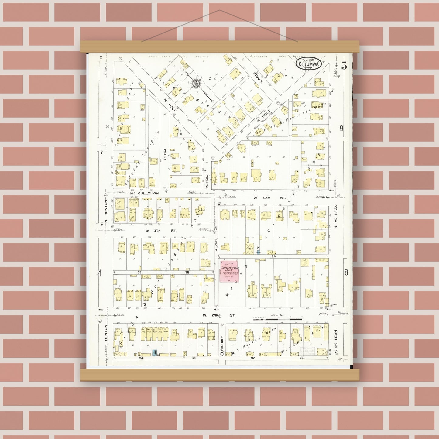 Old map wall art mockup — magnetic wood frame on brick wall — Sanborn Fire Insurance Map from Ottumwa, Wapello County, Iowa (1909), Sheet #0005