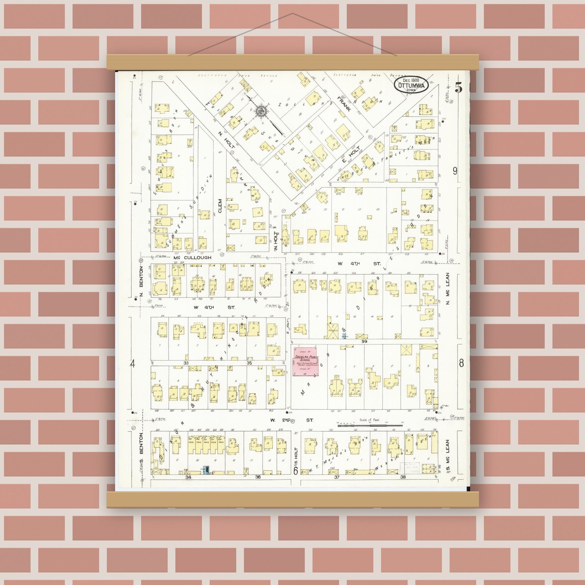 Old map wall art mockup — magnetic wood frame on brick wall — Sanborn Fire Insurance Map from Ottumwa, Wapello County, Iowa (1909), Sheet #0005