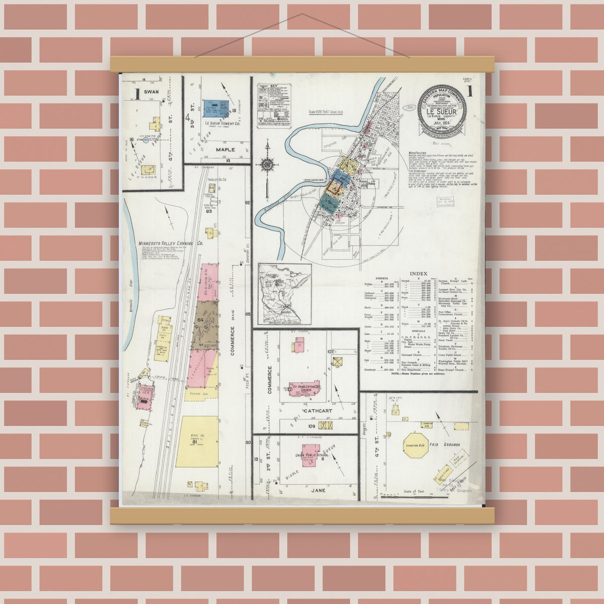Old map wall art mockup — magnetic wood frame on brick wall — Sanborn Fire Insurance Map from Le Sueur, Le Sueur County, Minnesota (1924), Sheet #0001