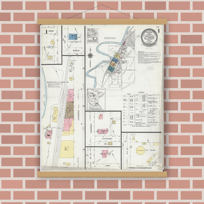 Old map wall art mockup — magnetic wood frame on brick wall — Sanborn Fire Insurance Map from Le Sueur, Le Sueur County, Minnesota (1924), Sheet #0001