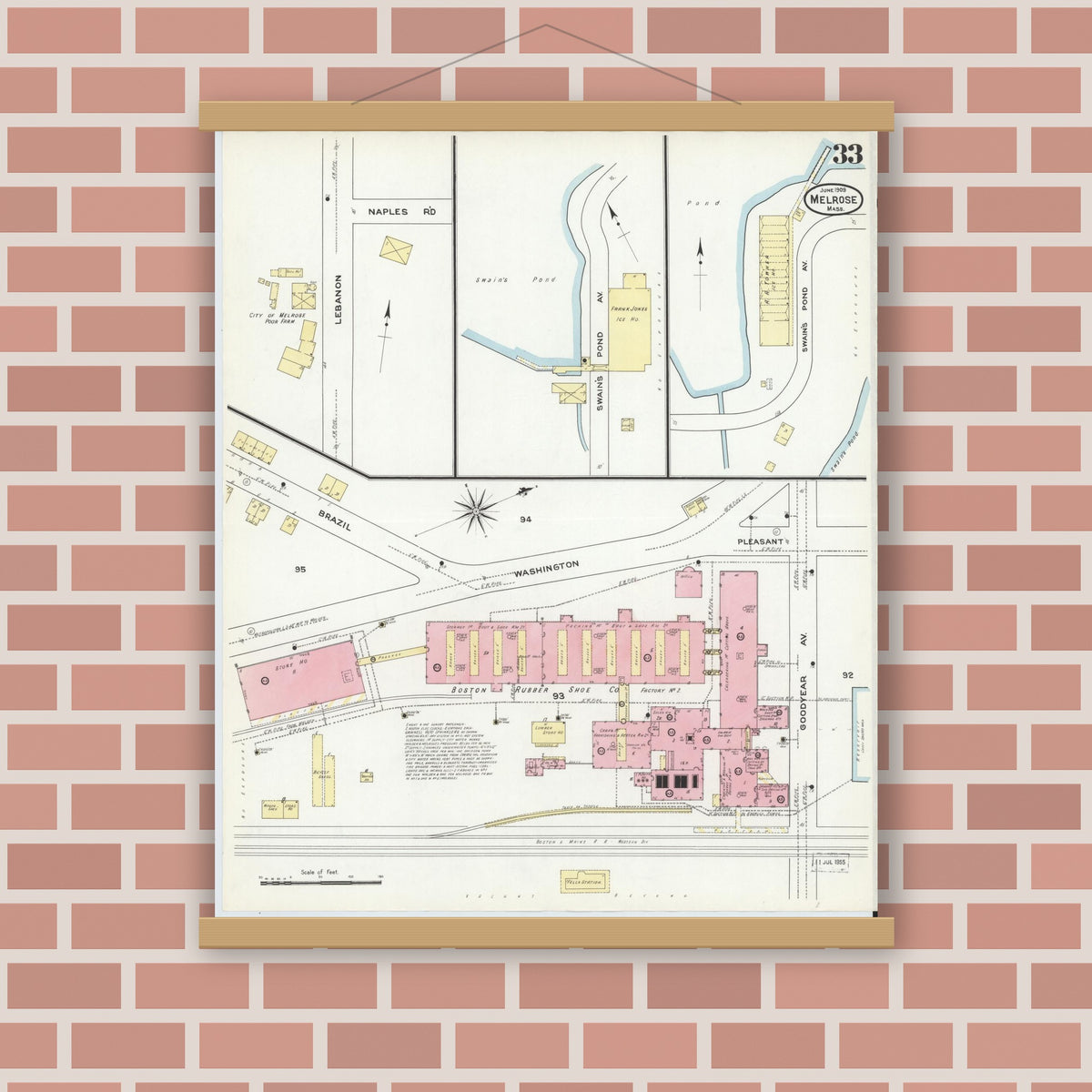 Old map wall art mockup — magnetic wood frame on brick wall — Sanborn Fire Insurance Map from Melrose, Middlesex County, Massachusetts (1909), Sheet #0033