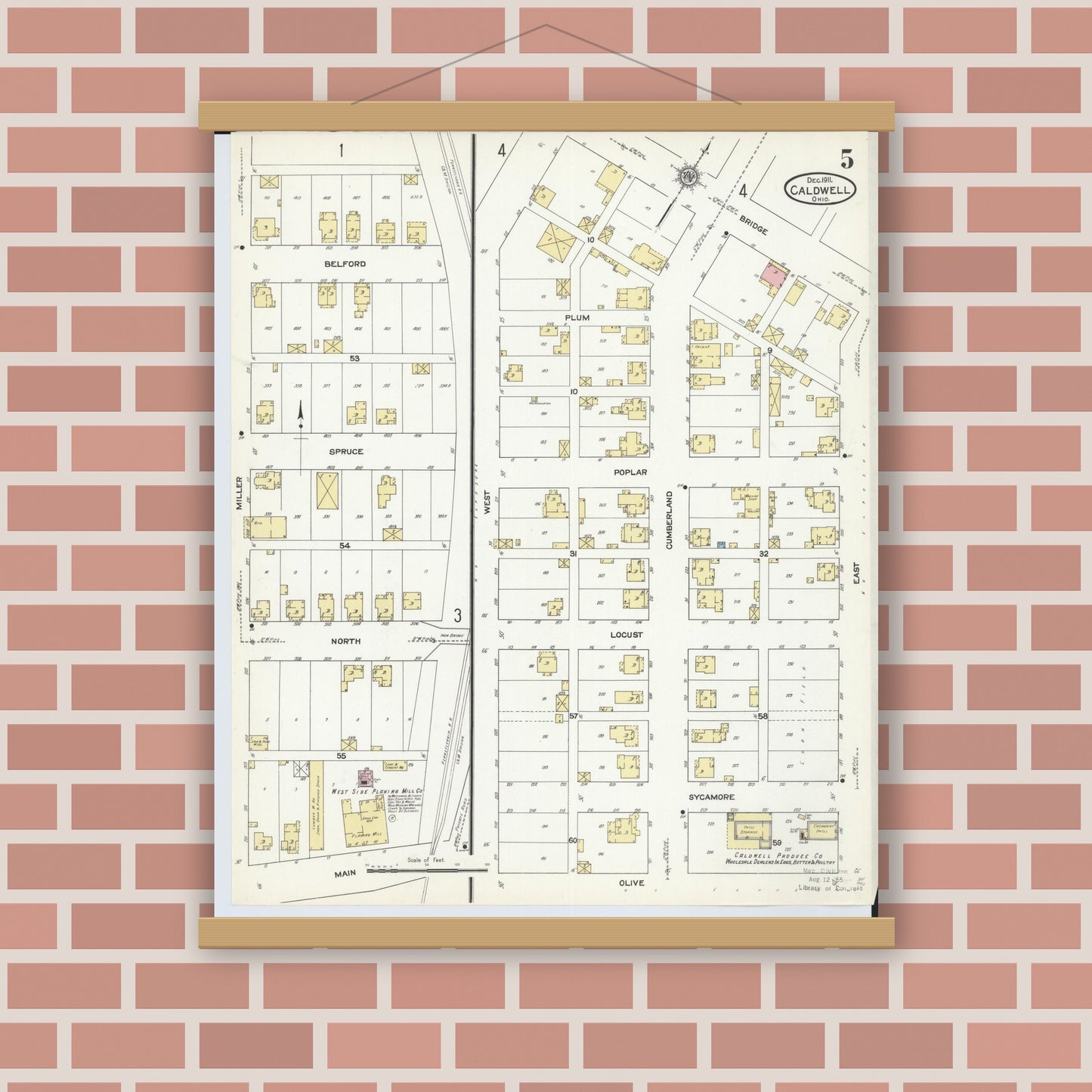 Old map wall art mockup — magnetic wood frame on brick wall — Sanborn Fire Insurance Map from Caldwell, Noble County, Ohio (1911), Sheet #0005