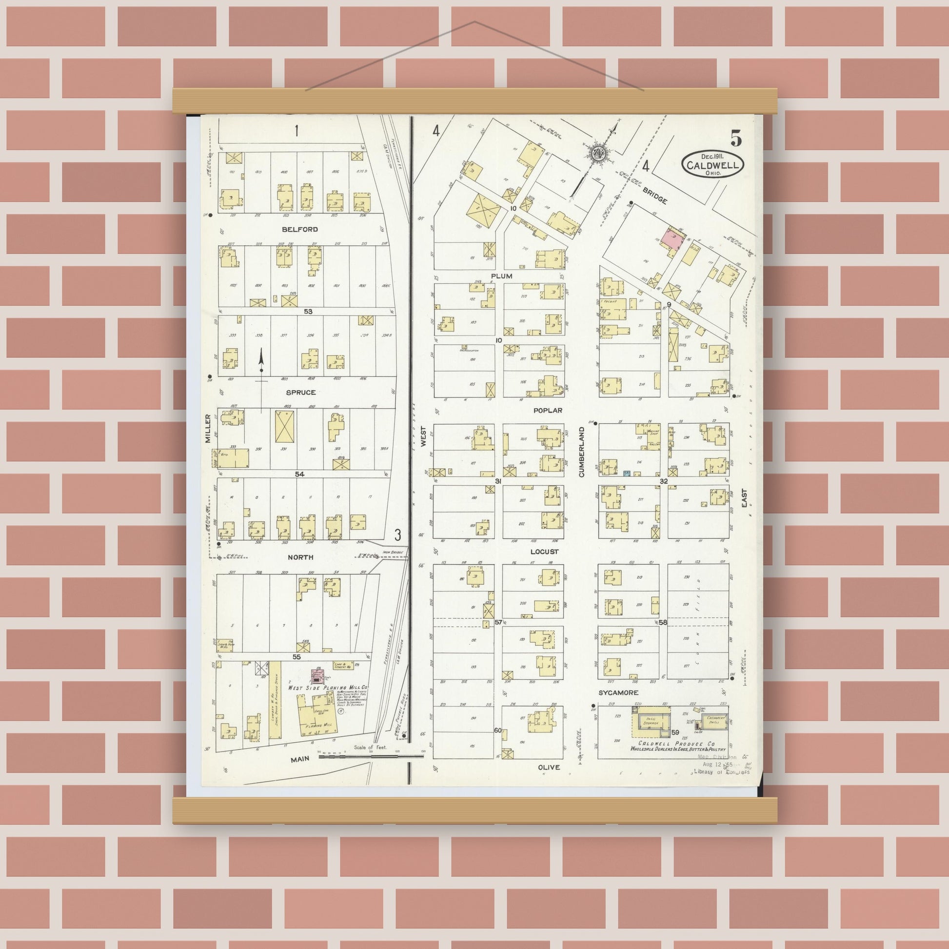 Old map wall art mockup — magnetic wood frame on brick wall — Sanborn Fire Insurance Map from Caldwell, Noble County, Ohio (1911), Sheet #0005