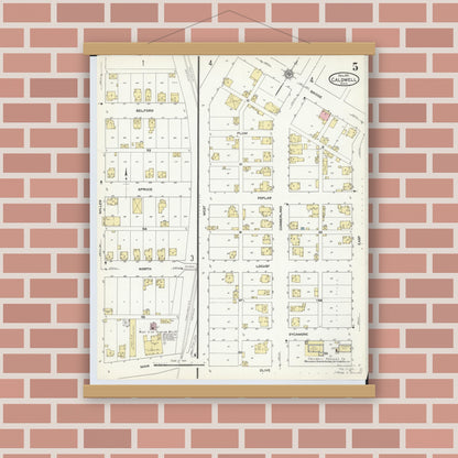 Old map wall art mockup — magnetic wood frame on brick wall — Sanborn Fire Insurance Map from Caldwell, Noble County, Ohio (1911), Sheet #0005