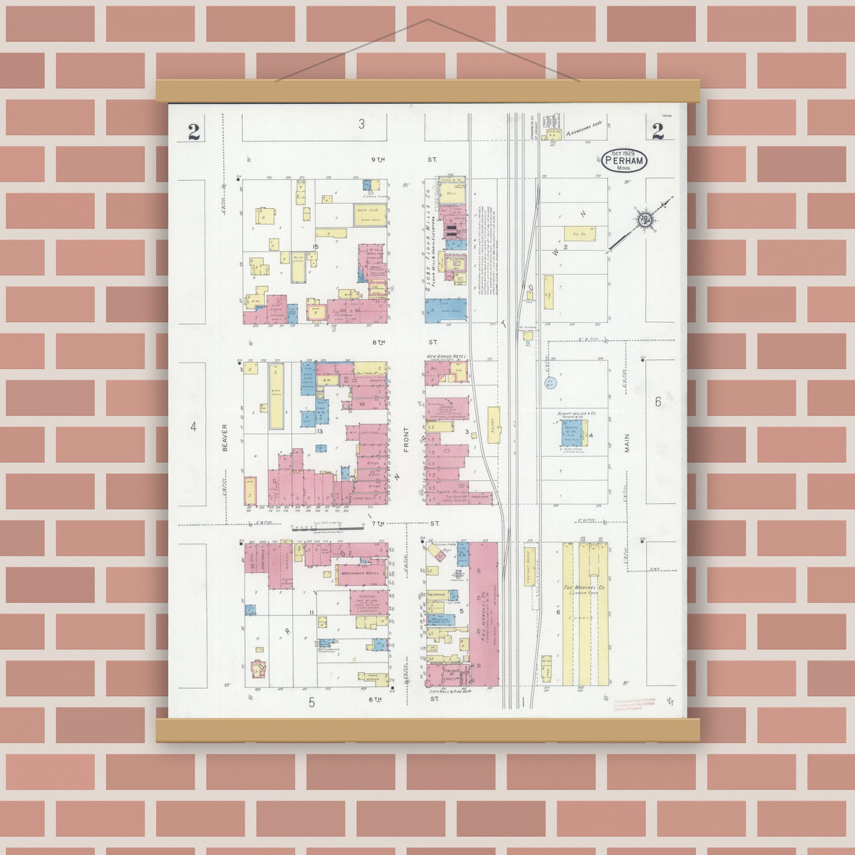 Old map wall art mockup — magnetic wood frame on brick wall — Sanborn Fire Insurance Map from Perham, Otter Tail County, Minnesota (1929), Sheet #0002