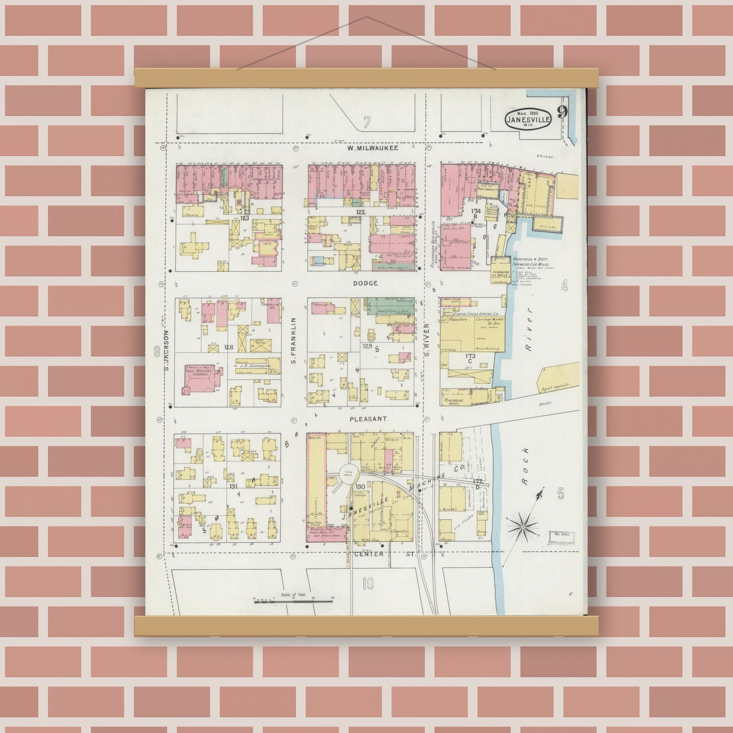 Old map wall art mockup — magnetic wood frame on brick wall — Sanborn Fire Insurance Map from Janesville, Rock County, Wisconsin (1895), Sheet #0009