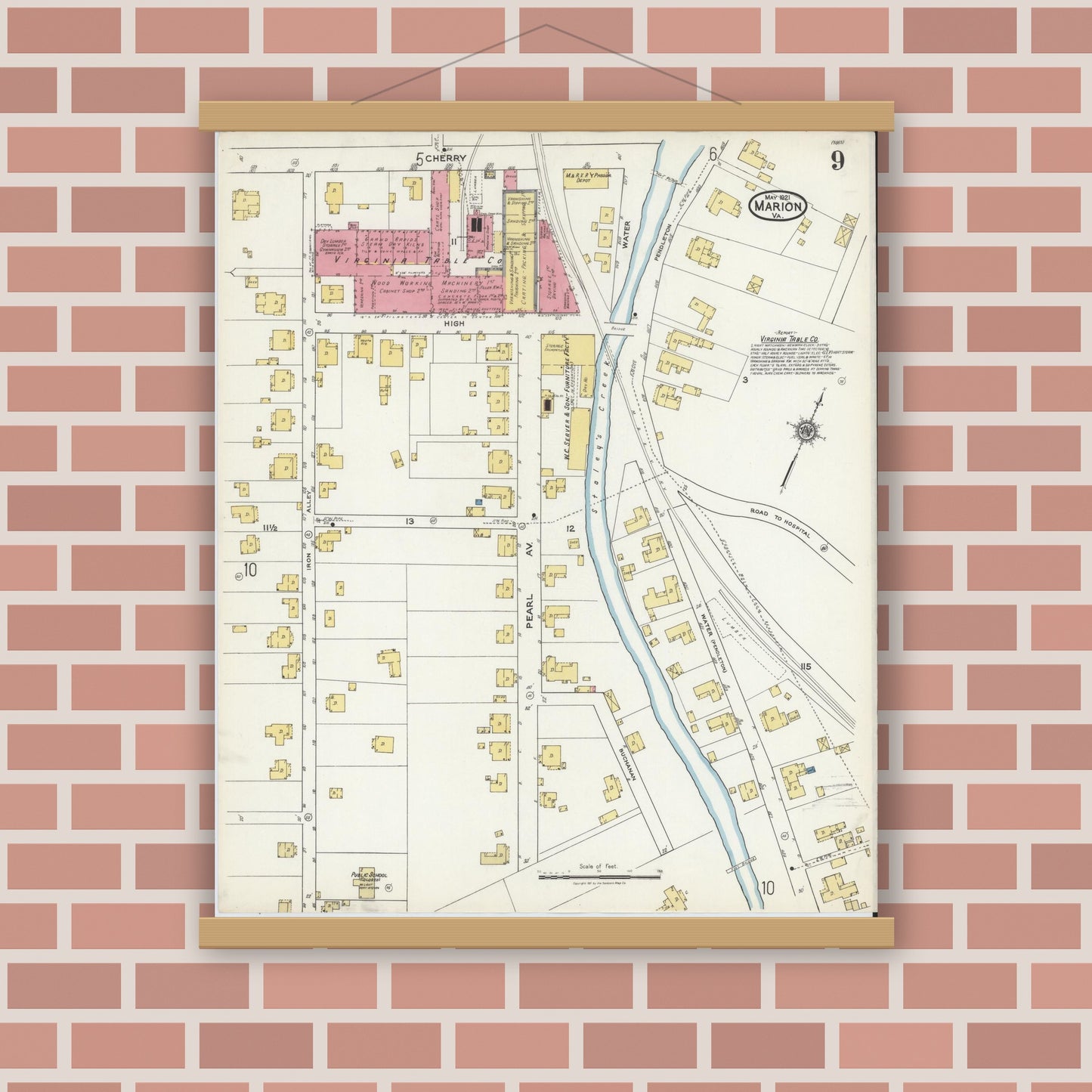Old map wall art mockup — magnetic wood frame on brick wall — Sanborn Fire Insurance Map from Marion, Smyth County, Virginia (1921), Sheet #0009