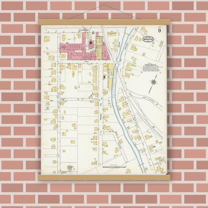 Old map wall art mockup — magnetic wood frame on brick wall — Sanborn Fire Insurance Map from Marion, Smyth County, Virginia (1921), Sheet #0009
