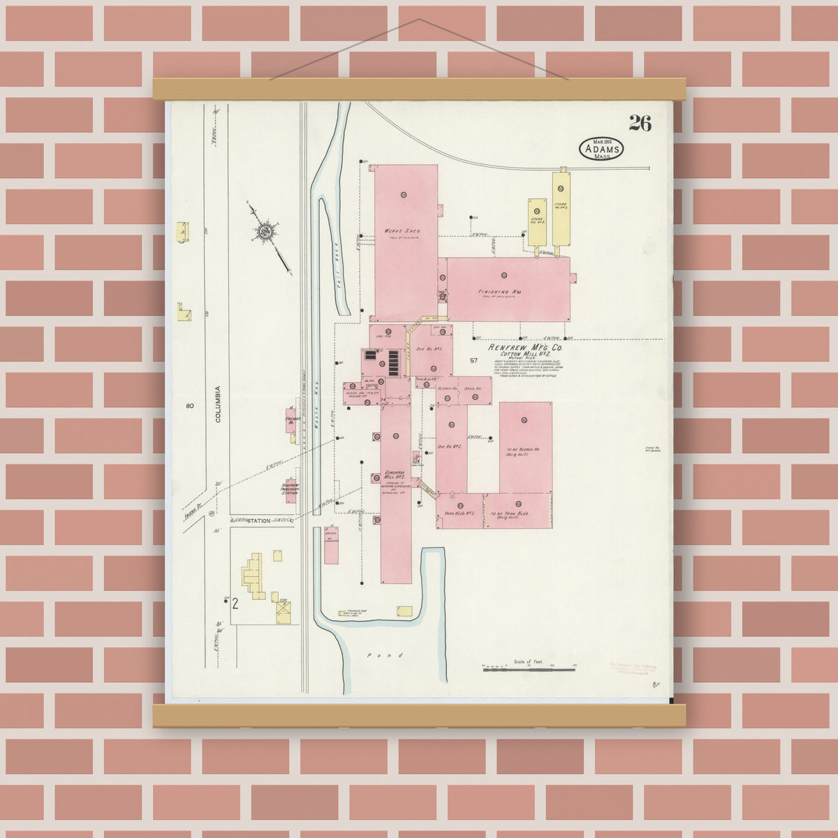 Old map wall art mockup — magnetic wood frame on brick wall — Sanborn Fire Insurance Map from Adams, Berkshire County, Massachusetts (1914), Sheet #0026