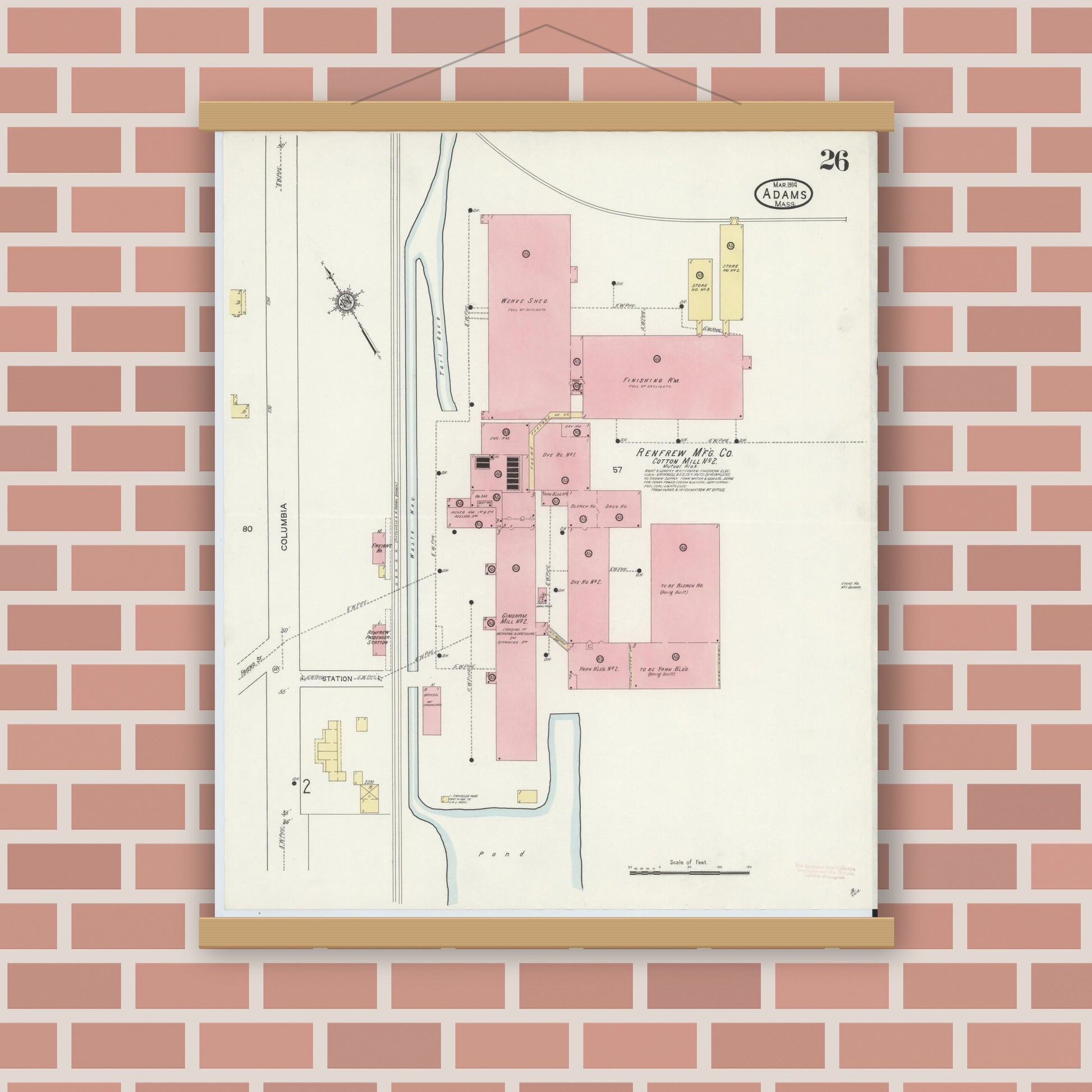 Old map wall art mockup — magnetic wood frame on brick wall — Sanborn Fire Insurance Map from Adams, Berkshire County, Massachusetts (1914), Sheet #0026