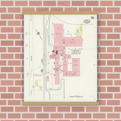 Old map wall art mockup — magnetic wood frame on brick wall — Sanborn Fire Insurance Map from Adams, Berkshire County, Massachusetts (1914), Sheet #0026
