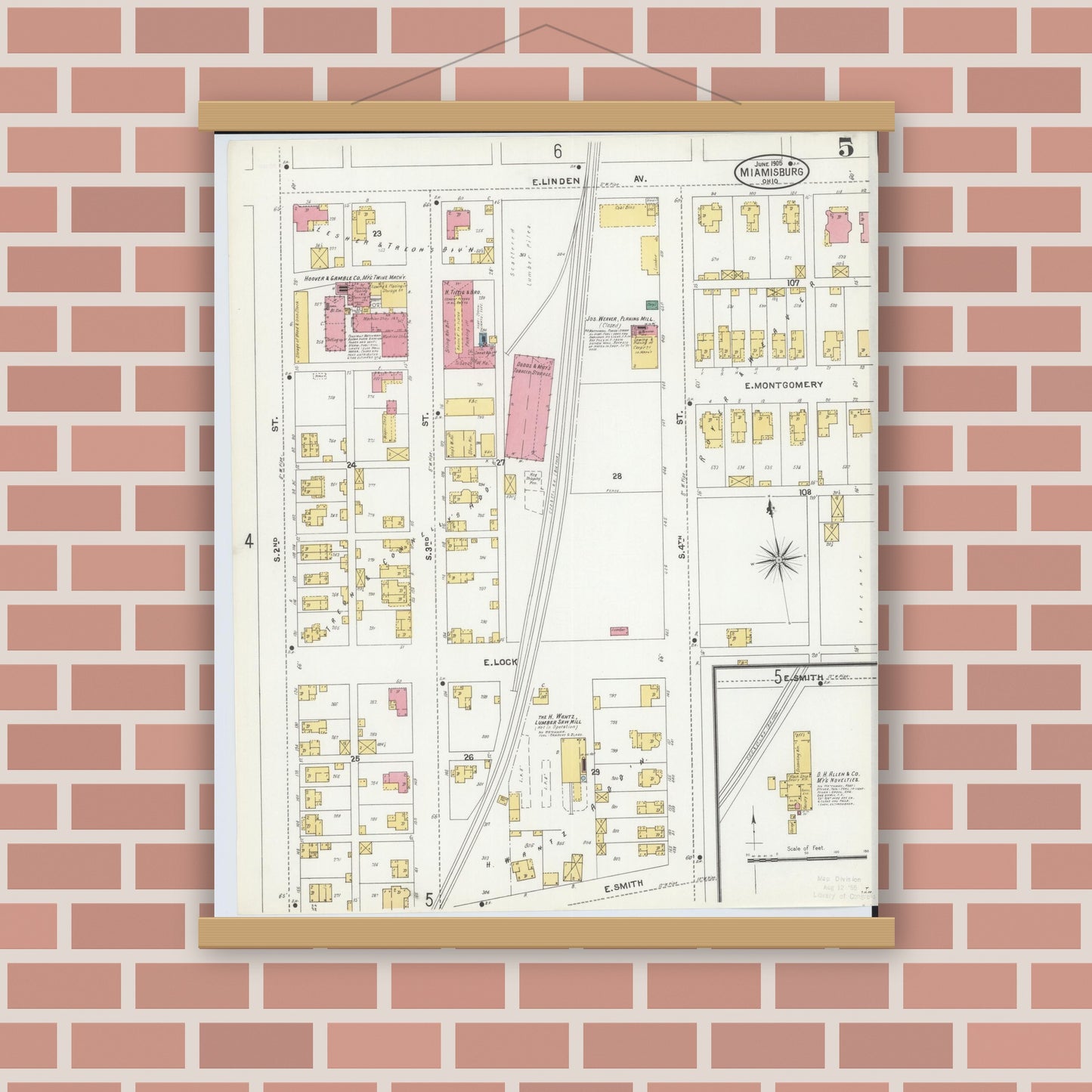 Old map wall art mockup — magnetic wood frame on brick wall — Sanborn Fire Insurance Map from Miamisburg, Montgomery County, Ohio (1905), Sheet #0005