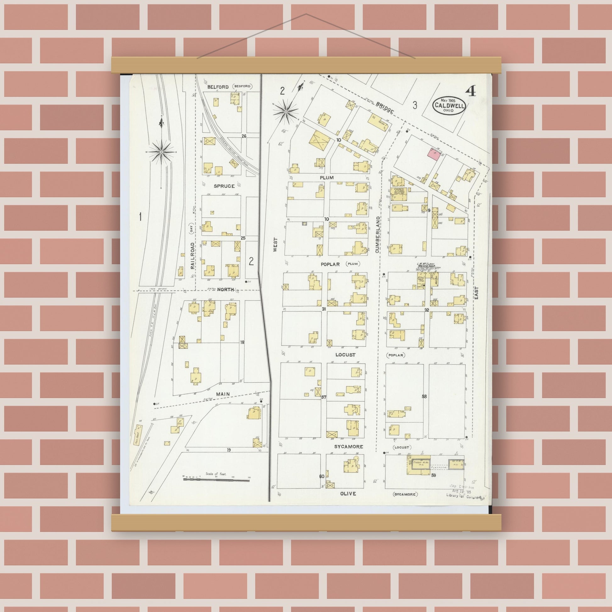 Old map wall art mockup — magnetic wood frame on brick wall — Sanborn Fire Insurance Map from Caldwell, Noble County, Ohio (1905), Sheet #0004