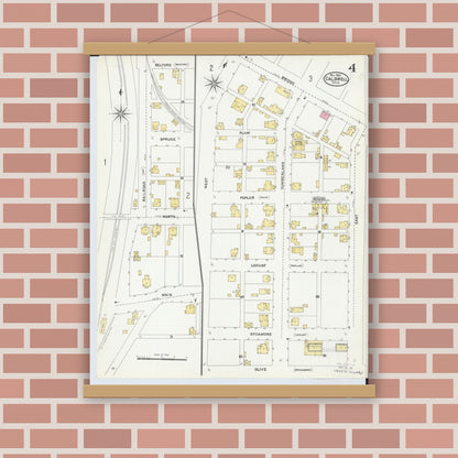 Old map wall art mockup — magnetic wood frame on brick wall — Sanborn Fire Insurance Map from Caldwell, Noble County, Ohio (1905), Sheet #0004