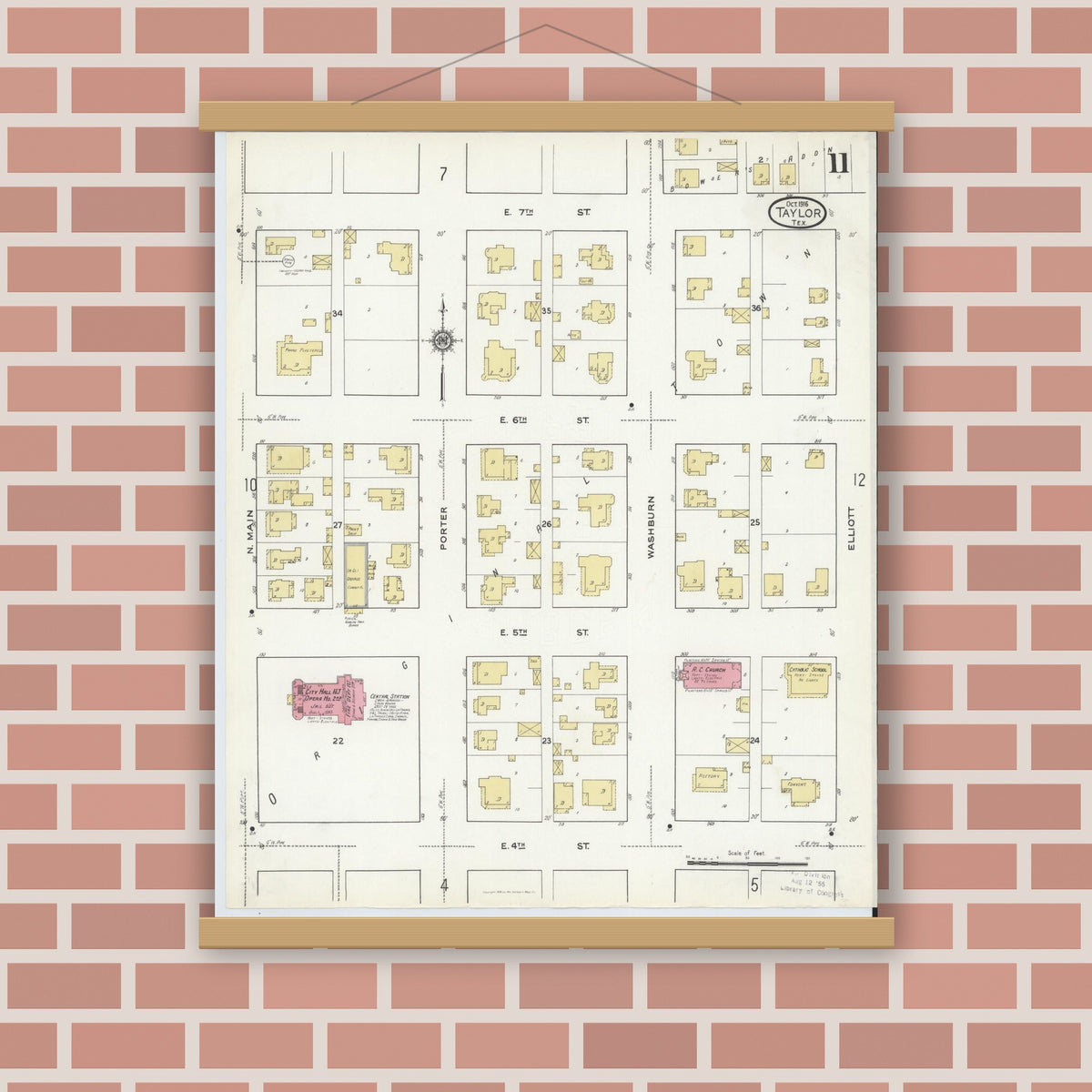 Old map wall art mockup — magnetic wood frame on brick wall — Sanborn Fire Insurance Map from Taylor, Williamson County, Texas (1916), Sheet #0011