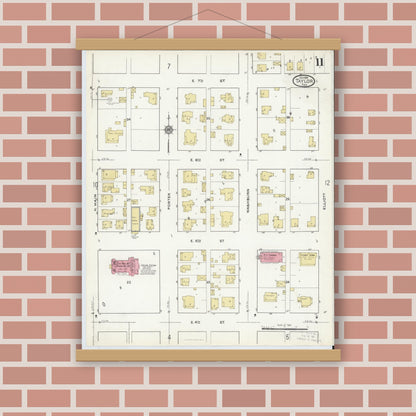 Old map wall art mockup — magnetic wood frame on brick wall — Sanborn Fire Insurance Map from Taylor, Williamson County, Texas (1916), Sheet #0011