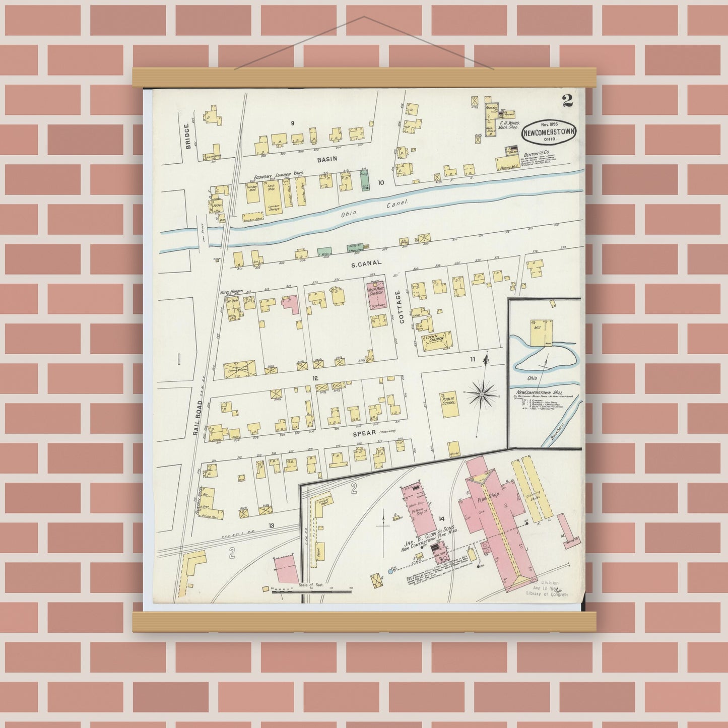 Old map wall art mockup — magnetic wood frame on brick wall — Sanborn Fire Insurance Map from Newcomerstown, Tuscarawas County, Ohio (1895), Sheet #0002