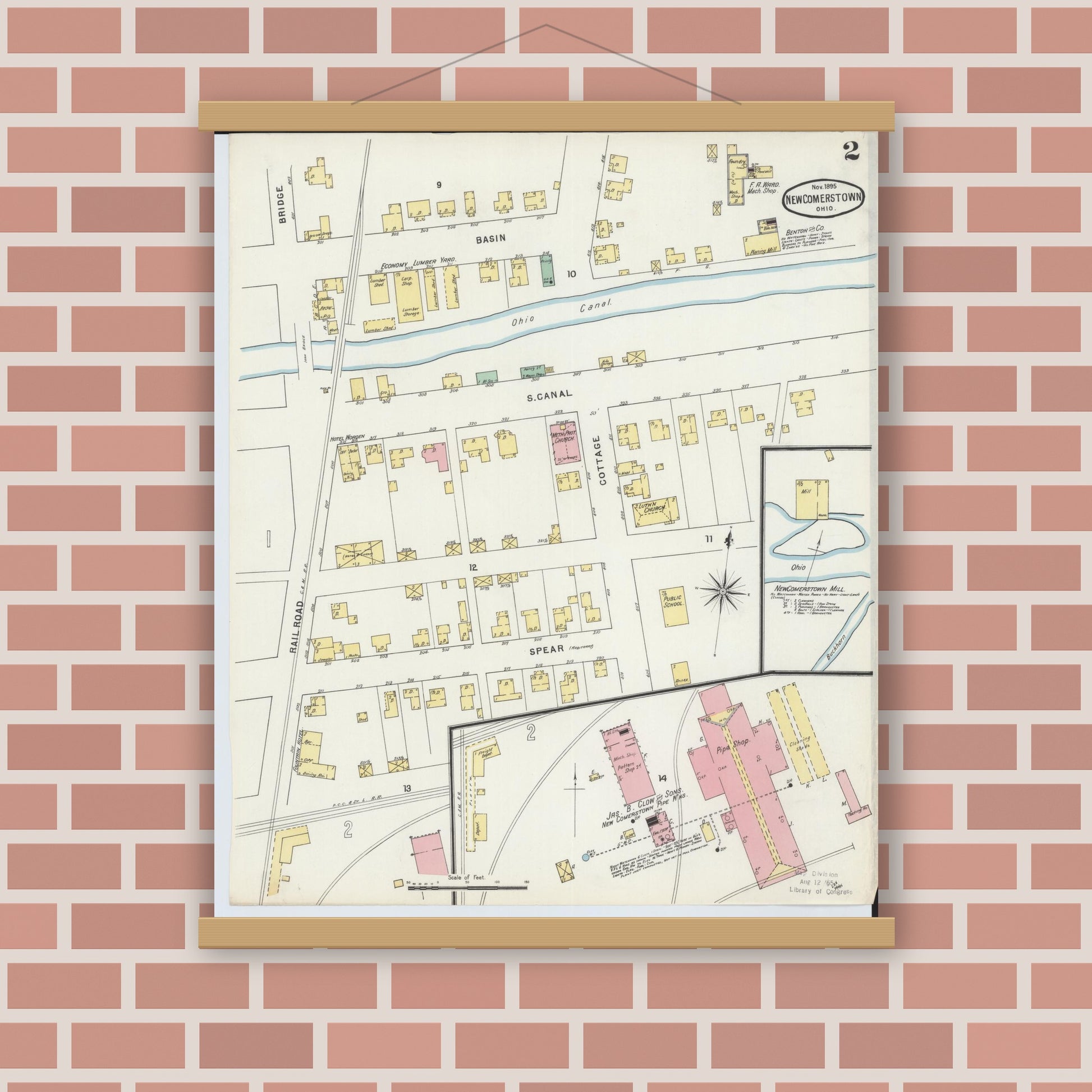 Old map wall art mockup — magnetic wood frame on brick wall — Sanborn Fire Insurance Map from Newcomerstown, Tuscarawas County, Ohio (1895), Sheet #0002