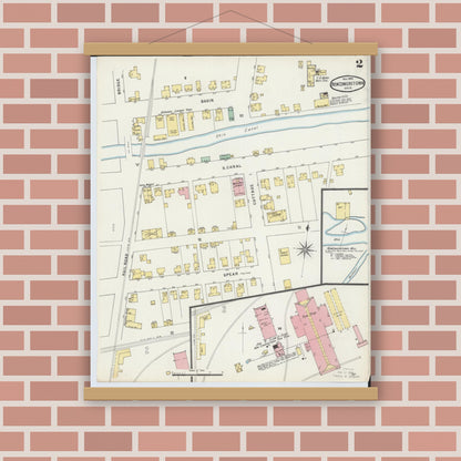 Old map wall art mockup — magnetic wood frame on brick wall — Sanborn Fire Insurance Map from Newcomerstown, Tuscarawas County, Ohio (1895), Sheet #0002
