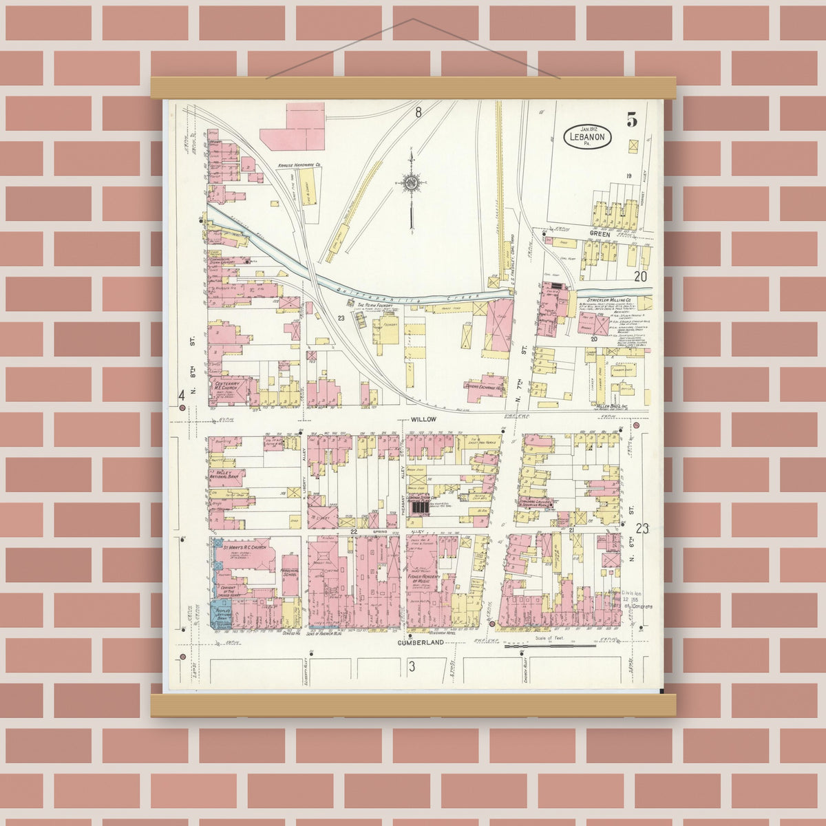 Old map wall art mockup — magnetic wood frame on brick wall — Sanborn Fire Insurance Map from Lebanon, Lebanon County, Pennsylvania (1912), Sheet #0005