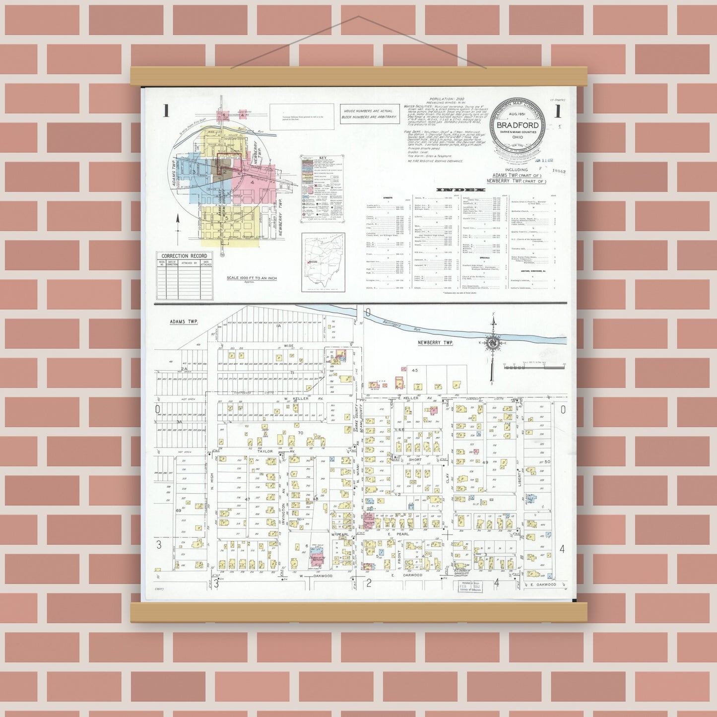 Old map wall art mockup — magnetic wood frame on brick wall — Sanborn Fire Insurance Map from Bradford, Darke and Miami Counties, Ohio (1951), Sheet #0001