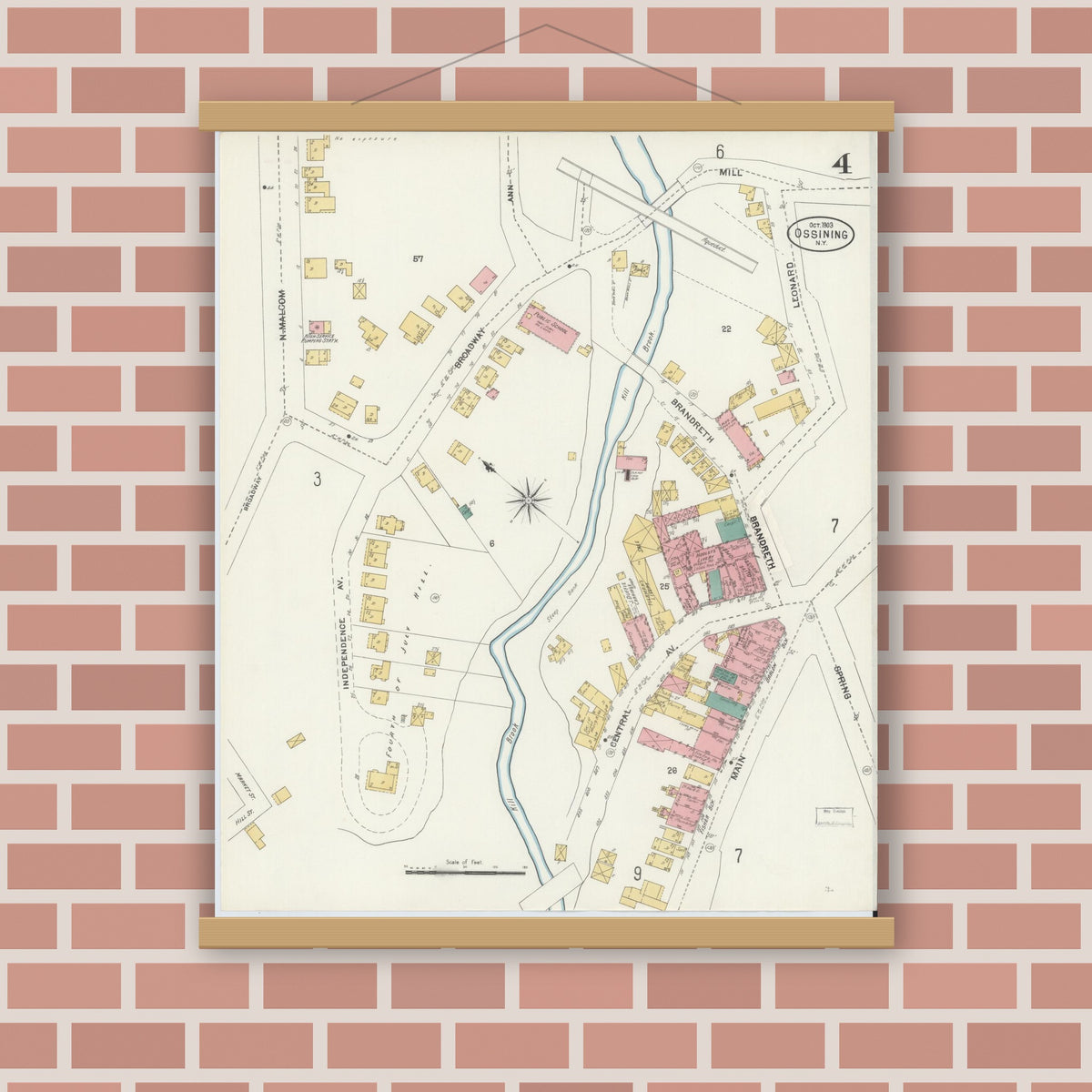 Old map wall art mockup — magnetic wood frame on brick wall — Sanborn Fire Insurance Map from Ossining, Westchester County, New York (1903), Sheet #0004