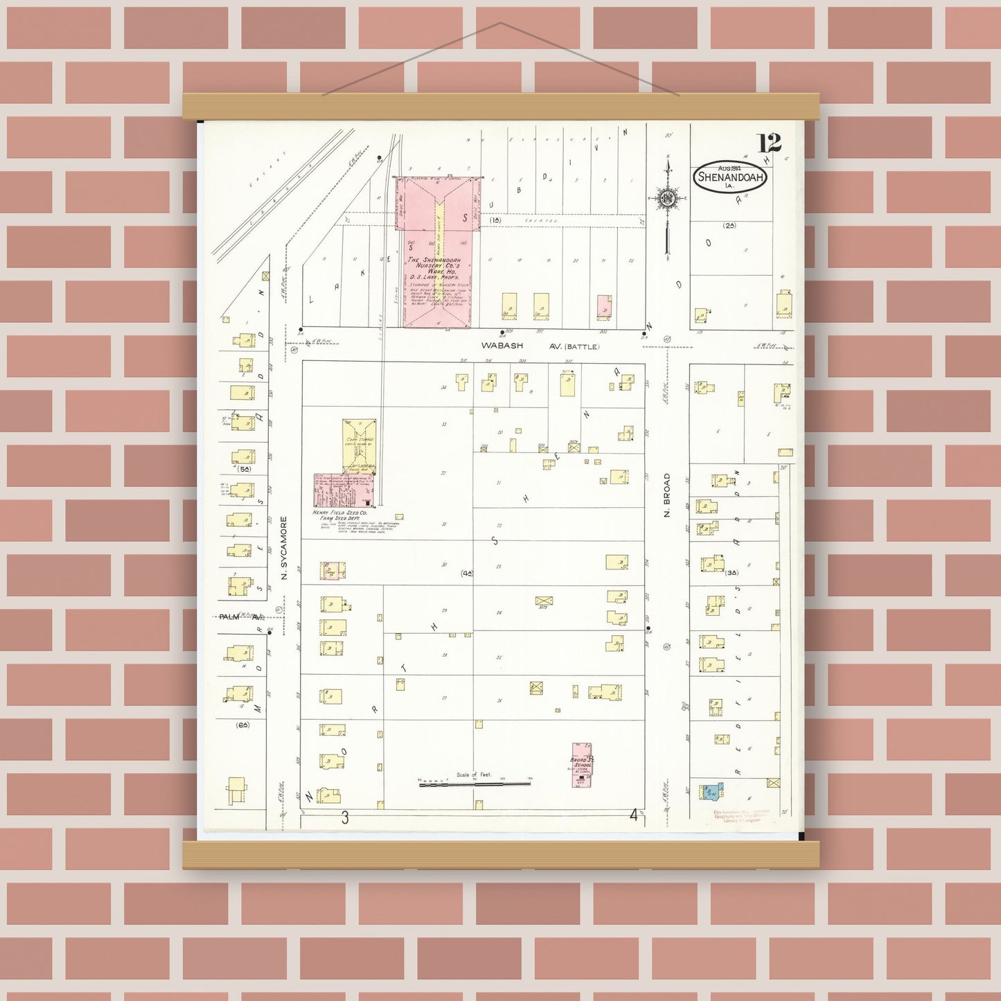 Old map wall art mockup — magnetic wood frame on brick wall — Sanborn Fire Insurance Map from Shenandoah, Page County, Iowa (1914), Sheet #0012