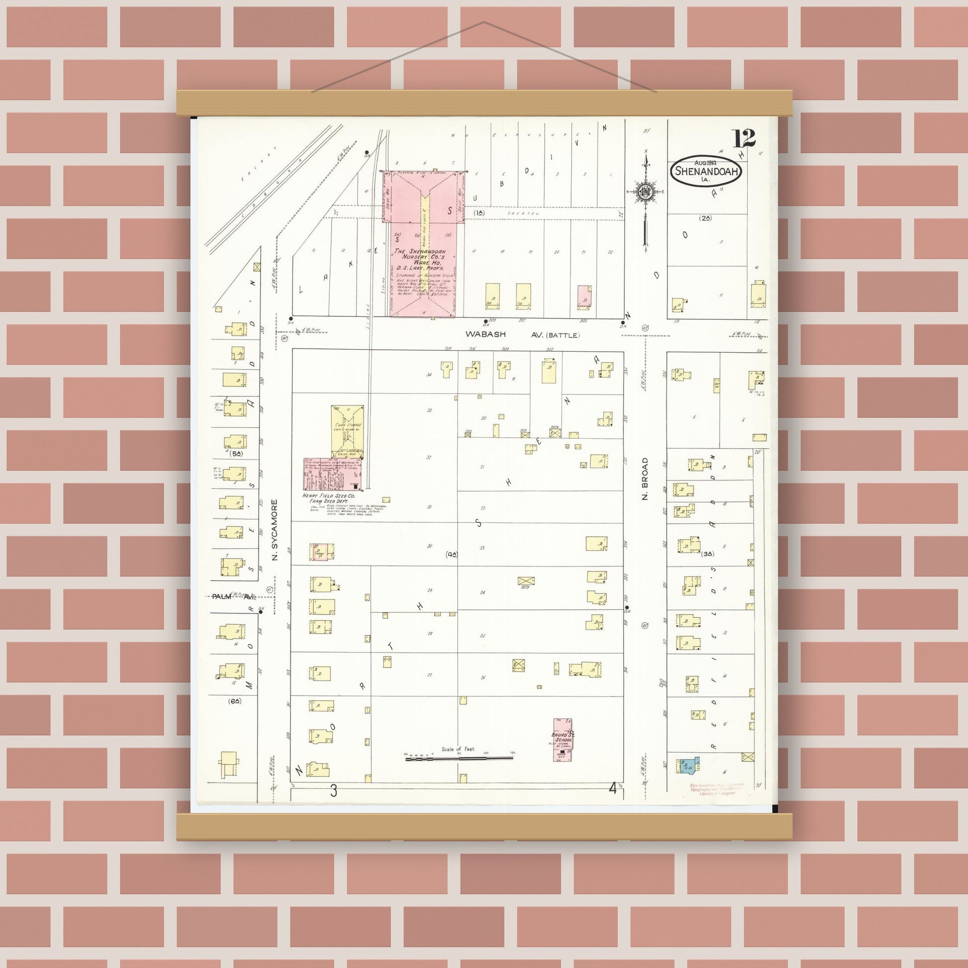 Old map wall art mockup — magnetic wood frame on brick wall — Sanborn Fire Insurance Map from Shenandoah, Page County, Iowa (1914), Sheet #0012