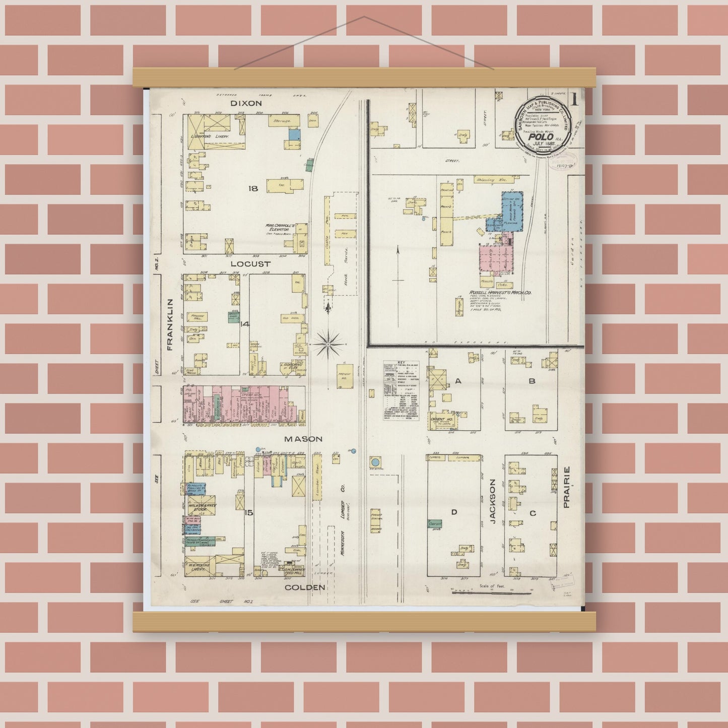 Old map wall art mockup — magnetic wood frame on brick wall — Sanborn Fire Insurance Map from Polo, Ogle County, Illinois (1885) - Complete Map Set