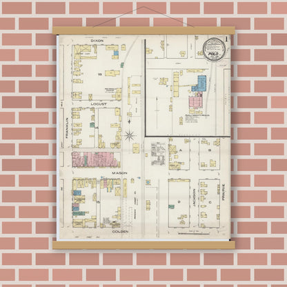 Old map wall art mockup — magnetic wood frame on brick wall — Sanborn Fire Insurance Map from Polo, Ogle County, Illinois (1885) - Complete Map Set