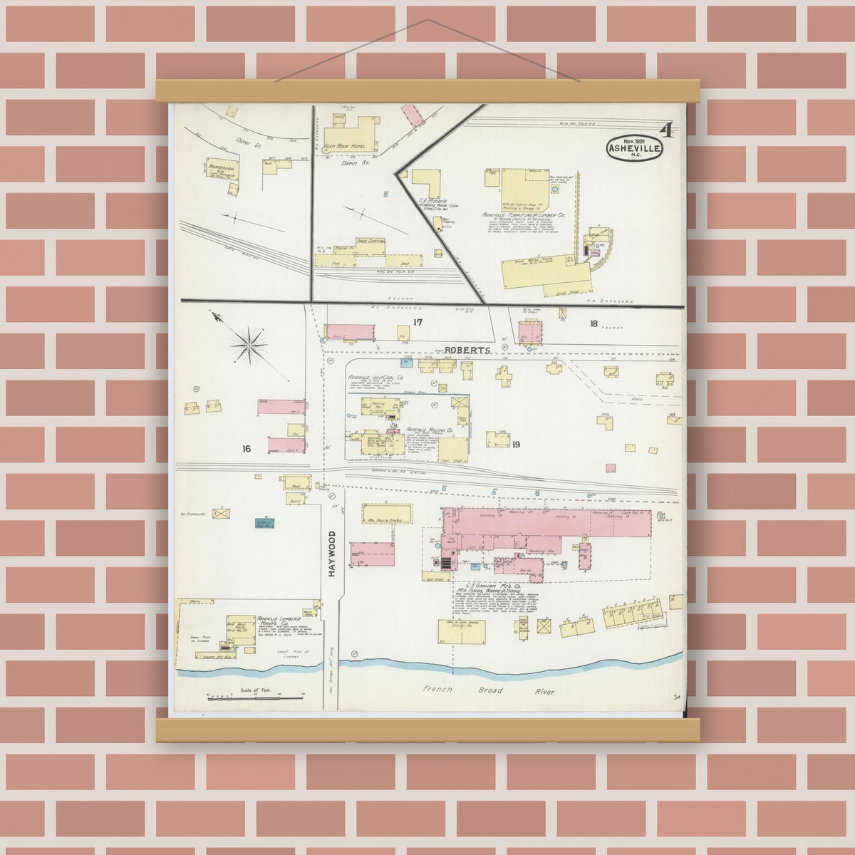 Old map wall art mockup — magnetic wood frame on brick wall — Sanborn Fire Insurance Map from Asheville, Buncombe County, North Carolina (1891), Sheet #0004
