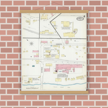 Old map wall art mockup — magnetic wood frame on brick wall — Sanborn Fire Insurance Map from Asheville, Buncombe County, North Carolina (1891), Sheet #0004